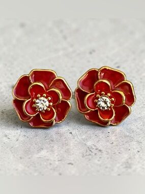 Red Floral Crystal Center Stud Earrings